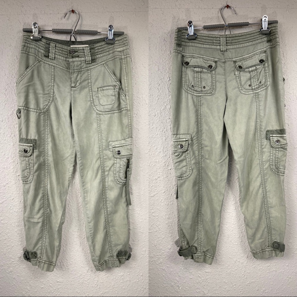 Olive Green Anthropologie Marrakech Y2K Low Rise Tencel Cargo Utility Pant.